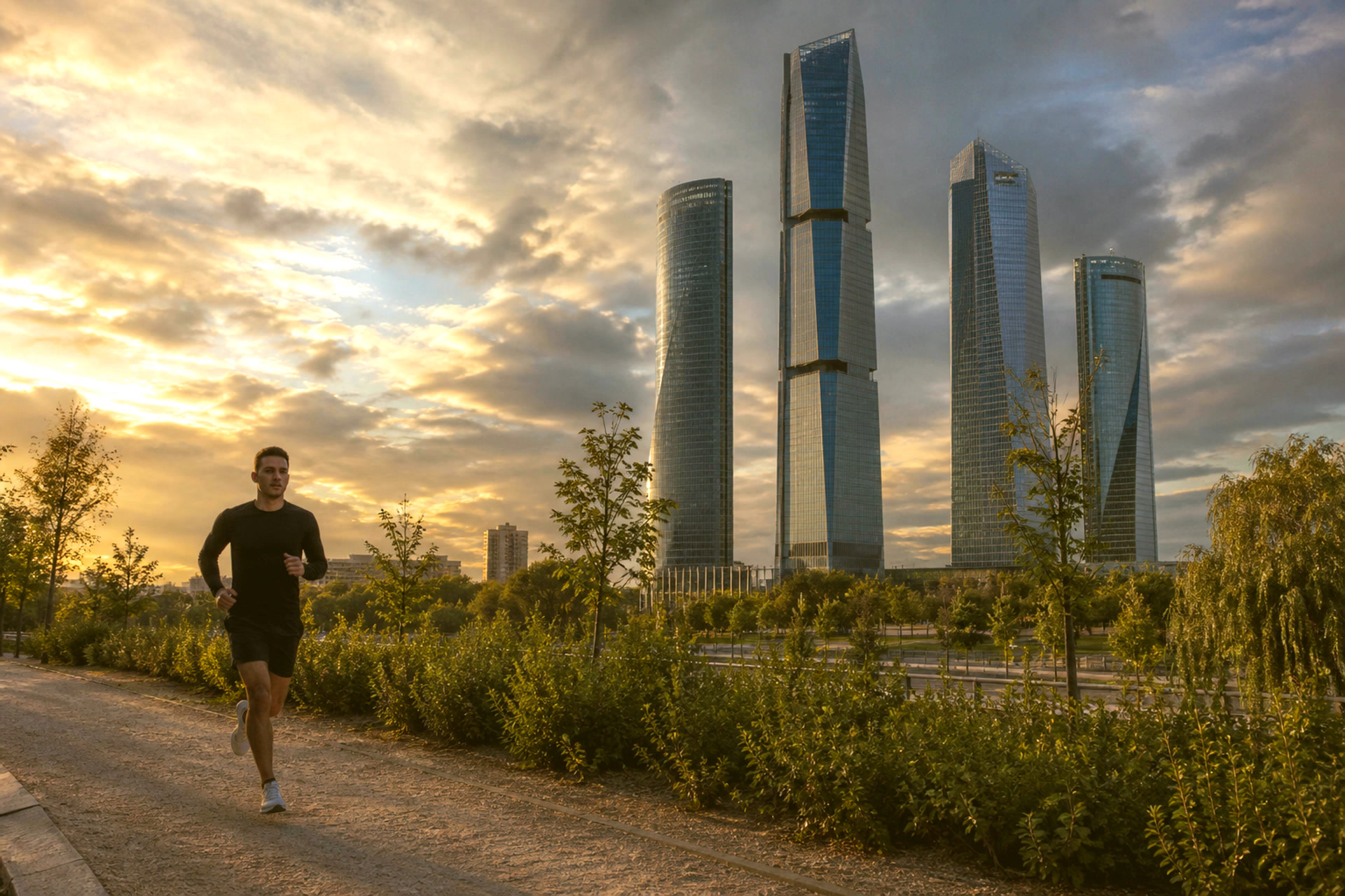 Runner in Madrid at dusk, with the Four Towers in the background.
