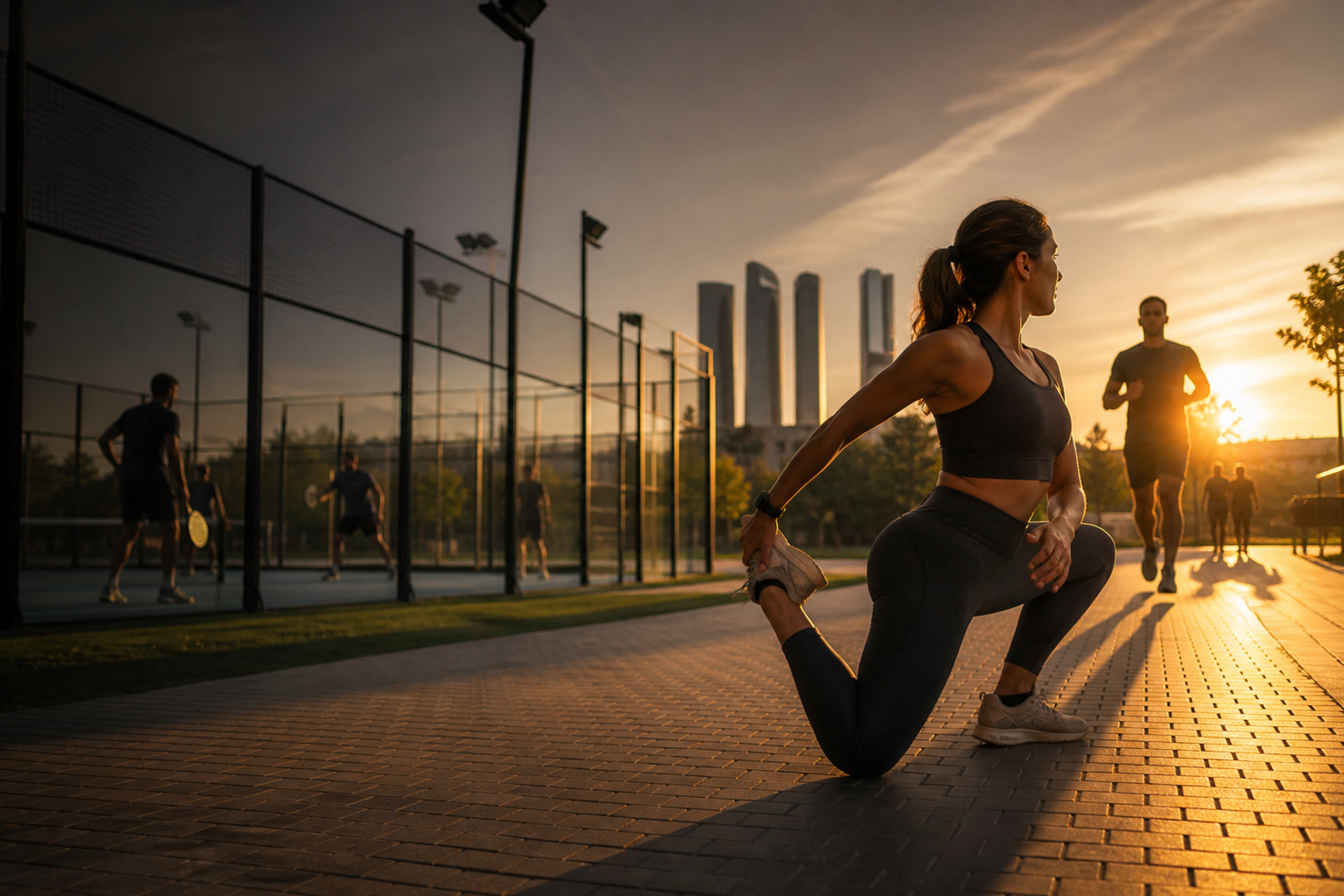 Padel court and Madrid skyline at sunset, with athletes training in the city.